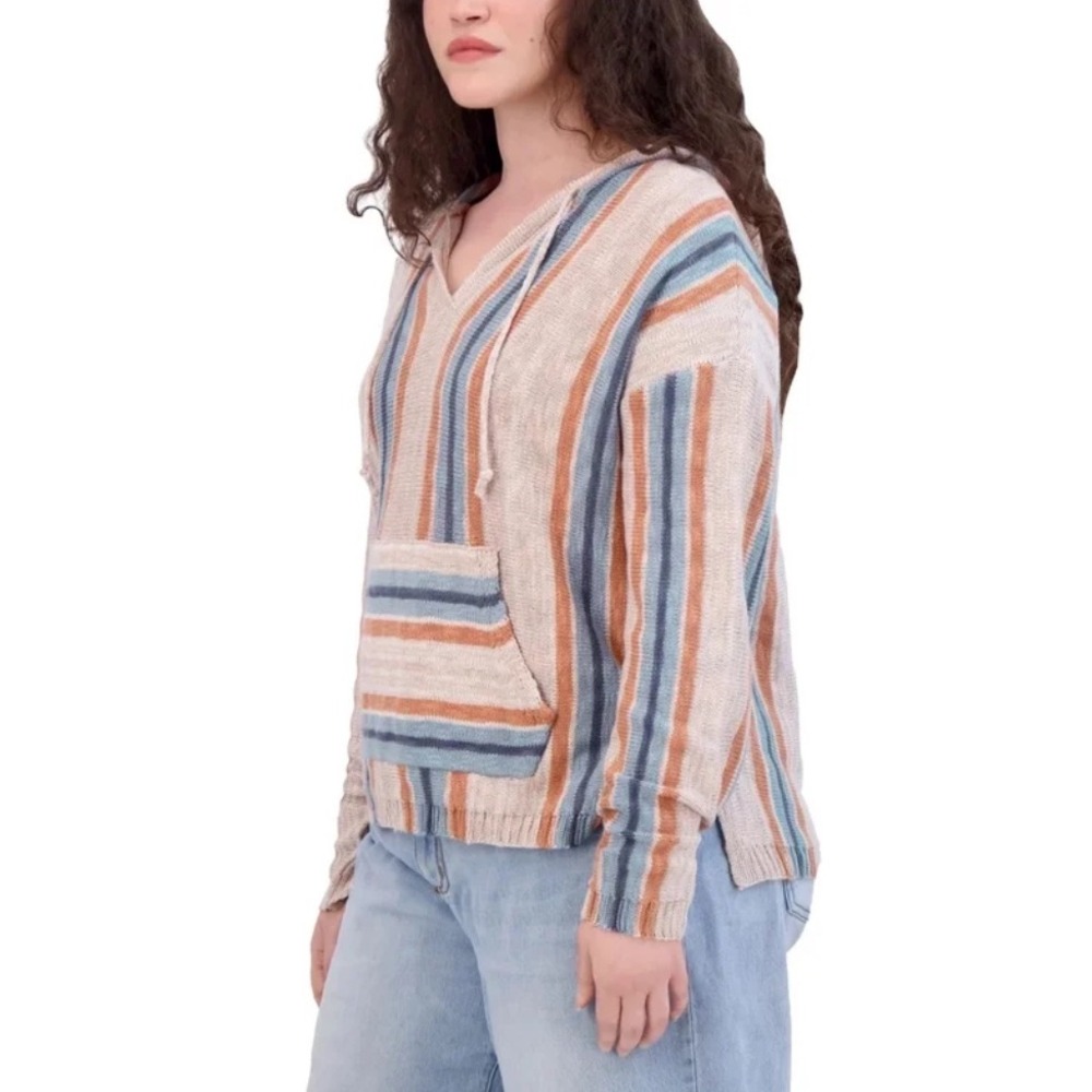 Lucky Brand Womens Baja Stripe Knit Hoodie Sweater Blue Orange Small Boho Chic